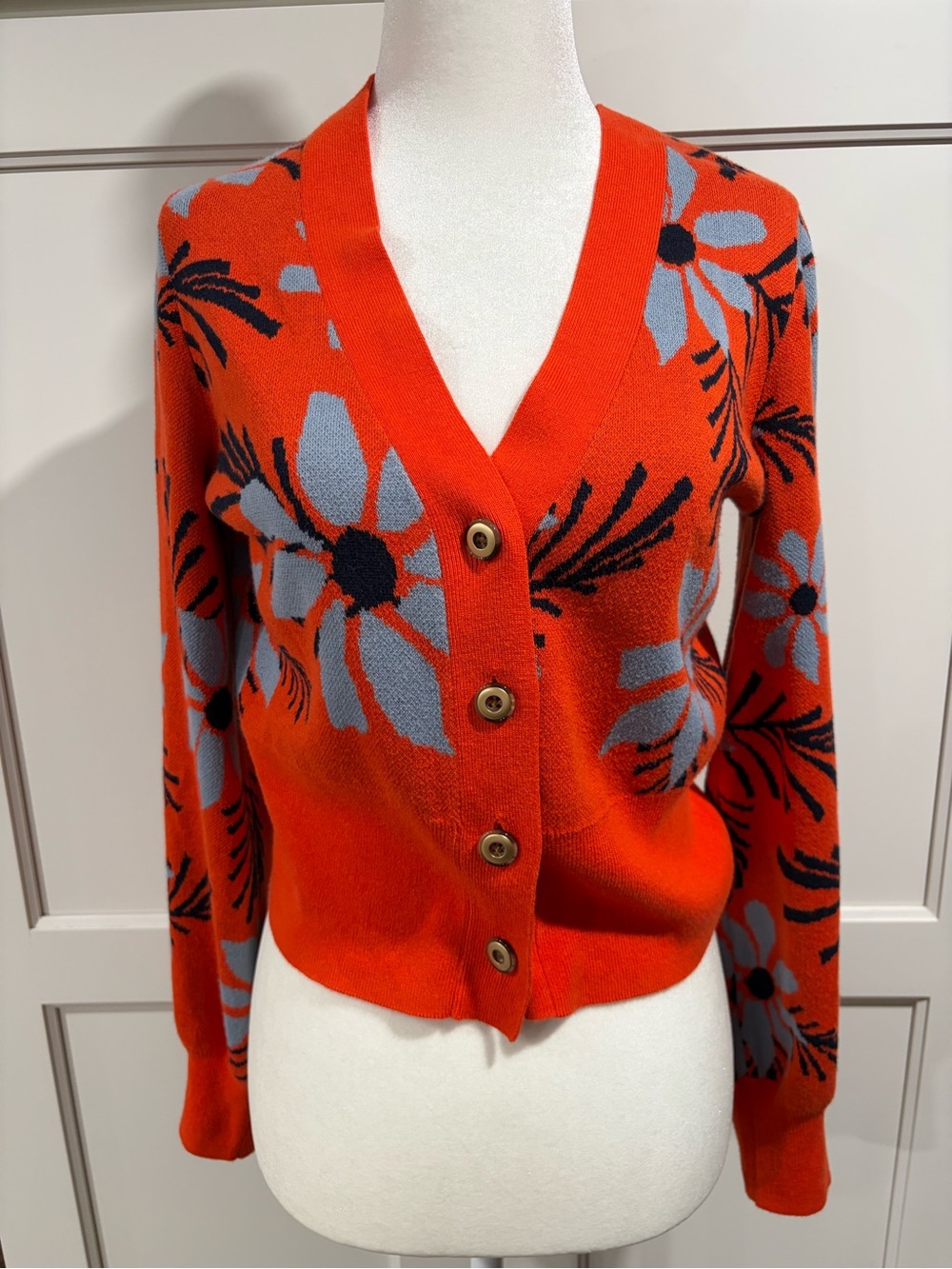 Cabi Orange Bloom Floral V-Neck Button Cardigan Sweater